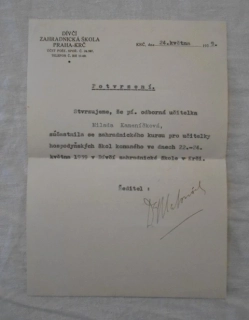 Potvrzení o účasti na zahradnickém kursu - Dívčí zahradnická škola Praha-Krč 1939