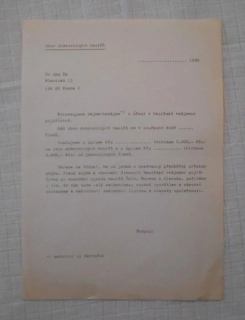 Průzkumový dopis Sbor dobrovolných hasičů pro Hasičskou vzájemnou pojišťovnu - 1990