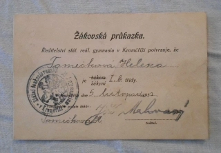 Žákovská průkazka Státní československé reálné gymnasium v Kroměříži - použitá 1933