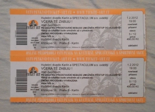 Vstupenka - Hudební divadlo Karlín rok 2012 Včera Tě zabiju! - blok 2 kusy