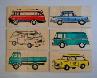 Dřevotřískové puzzle kostičky Auta 6 motivů x 8 kostek - Německo retro